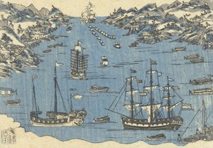 Impression de Bunkindo de navires étrangers dans le port de Nagasaki, 1800-50 - Japanese School