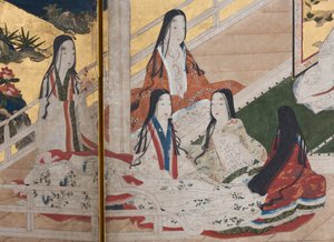 (détail) Printemps au Palais, paravent à six panneaux du Conte de Genji, c.1650
