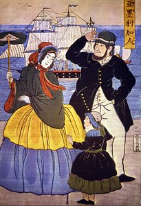 Famille européenne sur le front du port de Yokohama peinte par un artiste japonais en 1861 - Japanese School
