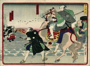 Groupe de samouraïs sur un pont (y compris un cheval) - dans La vengeance des 47 ronins, 19e siècle : Série de Kabuki - Japanese School