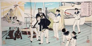 Marins japonais admirant leur mascotte aigle, un épisode de la guerre sino-japonaise, fin du 19e siècle - Japanese School