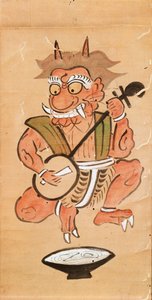 Kakemono représentant un diable jouant du shamisen - Japanese School