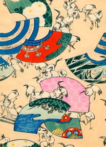 Éventails multicolores avec grues - Japanese School