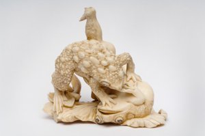 Okimono de deux crapauds sur une feuille de lotus - Japanese School