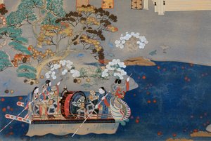 Barque à rames, illustration pour Eiga Monogatari (Histoire de Splendeur), par Akazome Emon, Japon - Japanese School