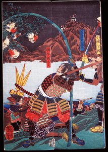 Samouraï exhibant les têtes coupées de leurs ennemis sur des cannes en bambou, sewamono (pièce domestique) - Japanese School