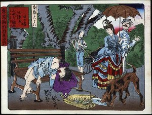 Scène dans le parc de Uéno au Japon : Un enfant coursier dort sur un banc et se fait voler par un chien - Estampe japonaise