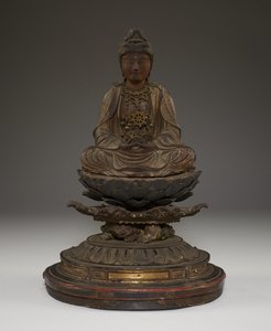 Miroku Bosatsu assis (bois polychrome avec cristal, métal et feuille d