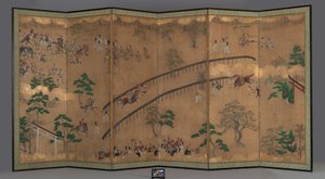 Écran à six panneaux : Course de chevaux au sanctuaire de Kamo, début du XVIIIe siècle - Japanese School