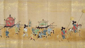 Sixième ambassade coréenne au Japon en Meireki 1 lors de la succession de Tokugawa Ietsuna en 1651, possiblement par Kano Masunobu (1625-94) (peinture sur rouleau) (détail) - Japanese School