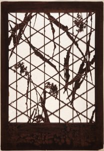Pochoir : Grains, écorce et branches sur treillis de bambou