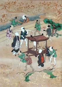 Le moine Shogaku (1126-1235) voyageant dans un Koshi - Japanese School