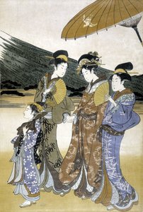 Trois femmes et enfants, estampe japonaise - Japanese School