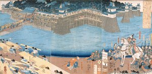 Triptyque montrant un fort en construction par la rivière Kunigos, période Edo 1603-1868