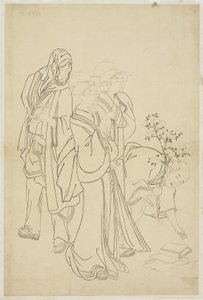 Deux geishas se promenant avec un dandy et un apprenti