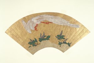 Éventail non monté : Oiseau plongeant sur un bambou couvert de neige, vers 1700-60