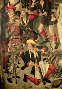 Retable de Saint Vincent : Tourment de Saint Vincent sur le gril, Dacien et bourreaux (détail) - Jaume Huguet