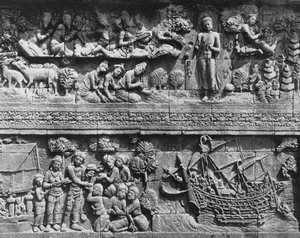 Relief du temple de Borobudur de Bodhisattva se baignant - Javanese School