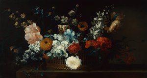 Pivoines, chrysanthèmes et autres fleurs dans un panier - Jean Baptiste Belin de Fontenay