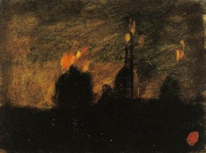 Scène nocturne avec incendies à St-Vast-là-haut près de Valenciennes