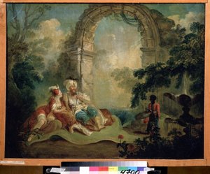Orientalisme : "Pacha turc et odalisque allongés sur un tapis, servis par un domestique noir" - Jean Baptiste Hilaire