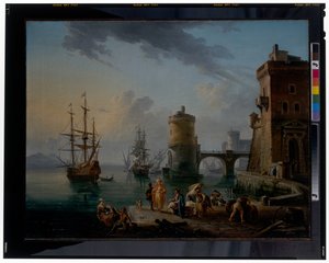 Une scène de port : marchands turcs sur le quai devant des navires - Jean Baptiste Lallemand