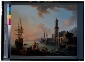 Pêcheurs et courtisanes dans un port méditerranéen au coucher du soleil - Jean Baptiste Lallemand