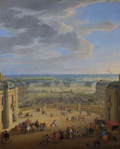 French: Vue perspective du château de Versailles sur la place d
