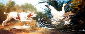 Paysage avec un chien chassant des canards