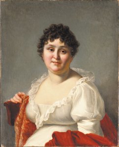 Portrait de Madame Regnault, buste, en robe blanche et châle kaki - Jean Baptiste Regnault