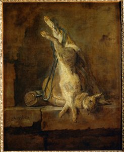 Lapin de Garenne mort avec une gibeciere et une poire a poudre - dead hare with game bag and powder flask …