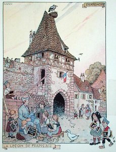 Un soldat français enseignant le français à des enfants alsaciens devenus à nouveau citoyens français, illustration de 