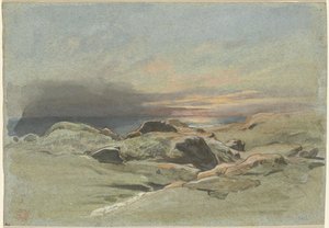 Coucher de soleil depuis une côte rocheuse - Jean Achille Benouville