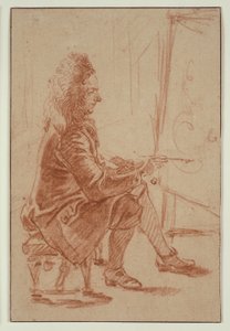 Un peintre à la perruque (peut-être Claude Audran), vers 1709 (craie rouge sur papier vergé chamois, posé sur carton vergé crème) - Jean Antoine Watteau