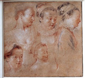Cinq coiffures de femmes. Dessin par Jean Antoine Watteau 1713. Paris, Musée du Louvre