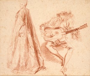 Fille debout de profil à gauche, avec un homme jouant de la guitare, début du 18ème siècle