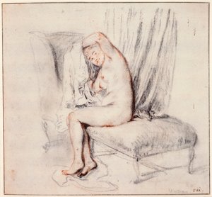 Femme nue assise sur une chaise longue, mettant sa chemise, 18ème siècle