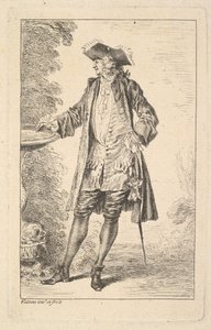 Homme debout avec sa main droite reposant sur un bassin, montré en vue de trois quarts..., vers 1710 - Jean Antoine Watteau