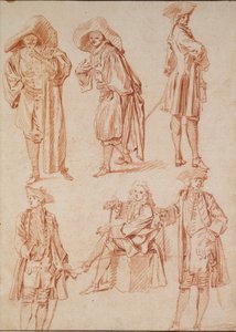 Deux études du docteur dans la comédie italienne et quatre officiers, XVIIIe siècle - Jean Antoine Watteau
