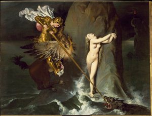 Angélique est libérée par Roger (Ruggero, Ruggiero) chevauchant un hippocampe (d