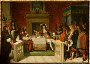 Louis XIV et Molière : Le roi Louis XIV (1638-1715) et Jean Baptiste Poquelin dit Molière (1622-1673) à table devant les courtisans - Jean Auguste Dominique Ingres