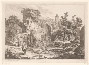 Femme devant une maison de pêcheur avec des filets tendus - Jean Baptist Leprince