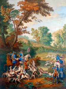 Plaque représentant les chasses de Louis XVI (1754-1793) : « la petite curée des jeunes chiens ou le forum à la fin de la curée » - Jean Baptiste (after) Oudry