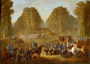 Plaque représentant les chasses de Louis XVI : la rencontre au carrefour du puits du Roi dans la forêt de Compiègne