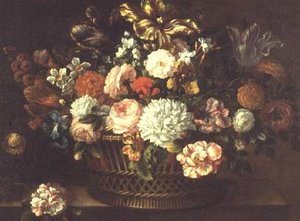 Pivoines, tulipes, narcisses et autres fleurs dans un panier - Jean Baptiste (attr. to) Monnoyer