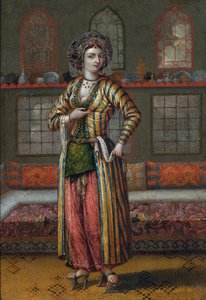 Portrait de femme de la noblesse de Constantinople chaussée de chaussures de hammam - Jean Baptiste (circle of) Vanmour