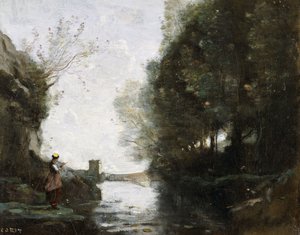 Une rivière avec une tour carrée et un fermier au premier plan - Jean Baptiste Camille Corot