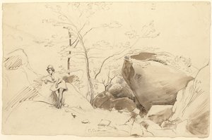 Fontainebleau, personnage adossé à un rocher - Jean Baptiste Camille Corot