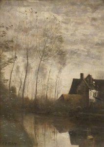 French: Scène de rivière avec maisons et peupliers A River Scene with Houses and Poplars - Jean Baptiste Camille Corot