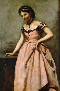 Fille en robe rose avec des roses et une perle ... - Jean Baptiste Camille Corot